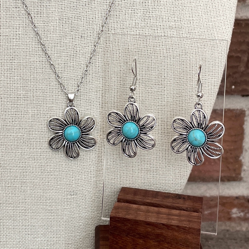 Flower Pinwheel Necklace And Earring Set With Faux Turquoise